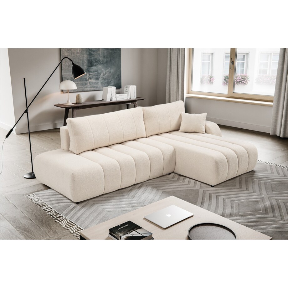 Narożnik z funkcją spania ALOO, prawostronny, tkanina boucle-kremowa