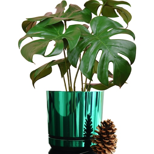 26 cm wzór ZIELONY BŁYSZCZĄCY Doniczka z podstawką nowoczesna glamour wysoki połysk metaliczny idealna do monstera orchidea