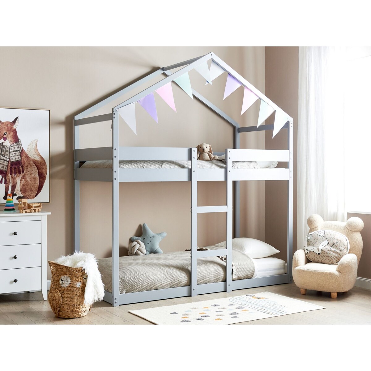 Łóżko piętrowe dziecięce domek drewniane 90 x 200 cm szare LABATUT