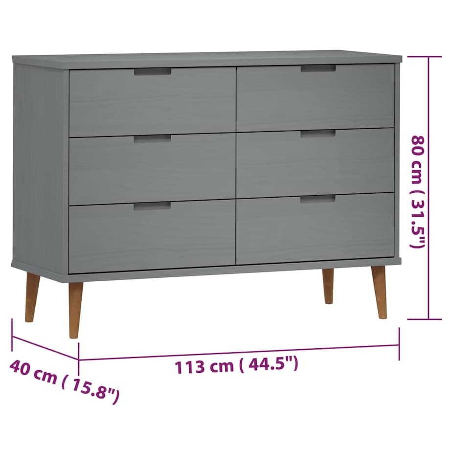 vidaXL Komoda MOLDE, szara, 113x40x80 cm, lite drewno sosnowe
