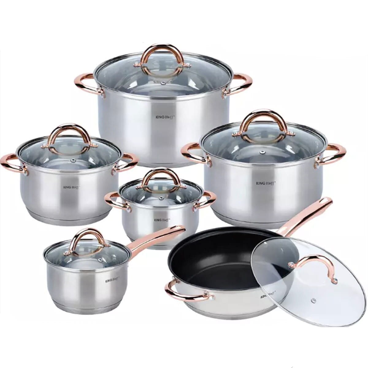 Zestaw garnków stalowych 12 elementów garnki na indukcję komplet Rosegold KINGHOFF