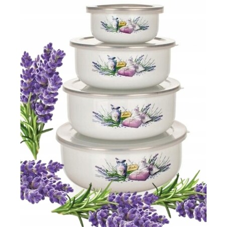 LAWENDOWE pojemnik NA JEDZENIE EMALIOWANE 4 miski pokrywka żywność lunch