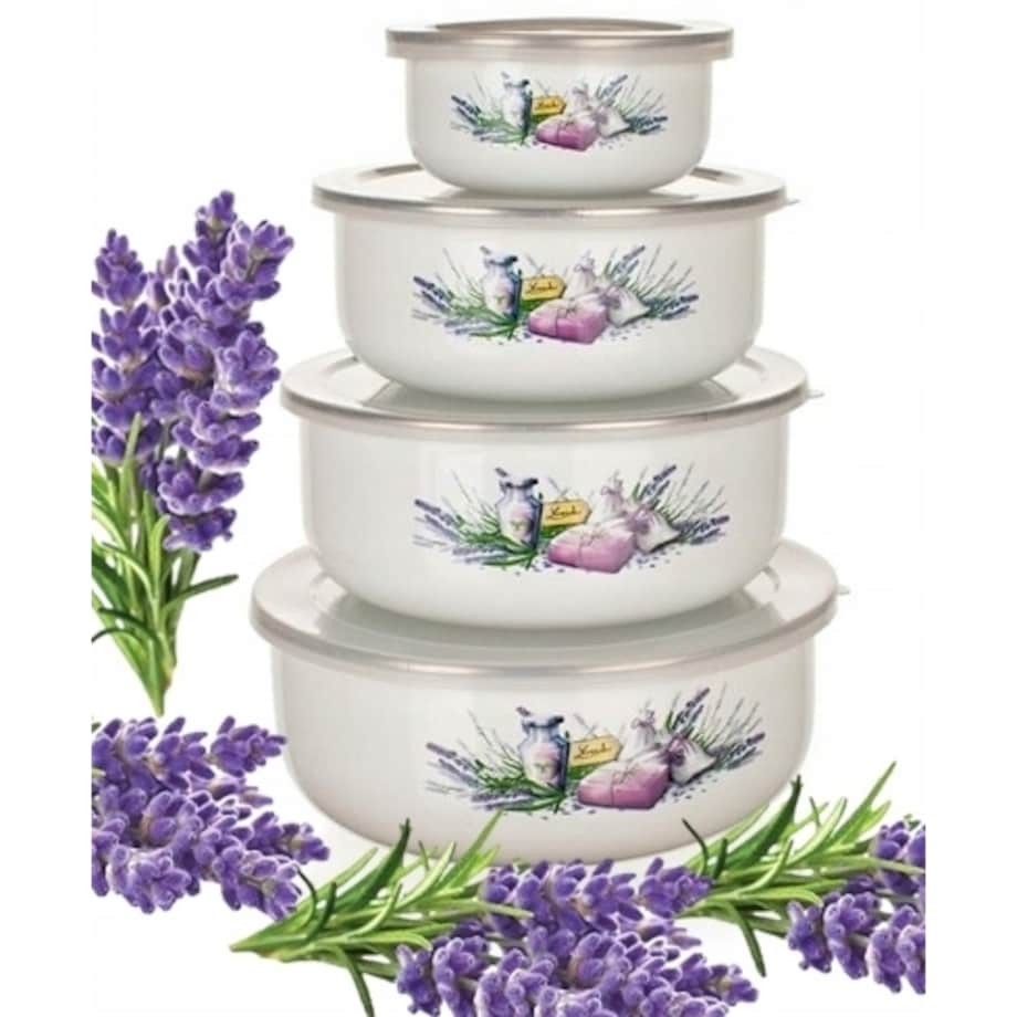 LAWENDOWE pojemnik NA JEDZENIE EMALIOWANE 4 miski pokrywka żywność lunch