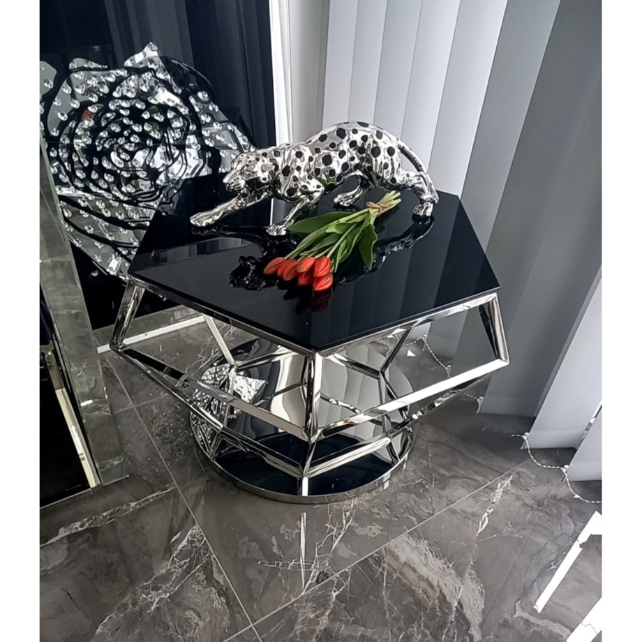 Nowoczesny srebrny stolik kawowy / ława w kształcie diamentu z szybą czarną 80x80x50