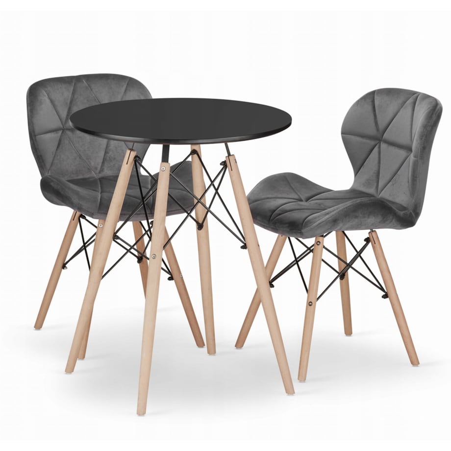 Zestaw Stół Do Jadalni Kuchni Salonu Biura Okrągły Todi 60 Czarny + 2 Krzesła Lago Szare