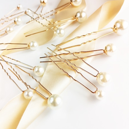 Komplet zestaw kokówek do fryzury ślub z perłami złoty