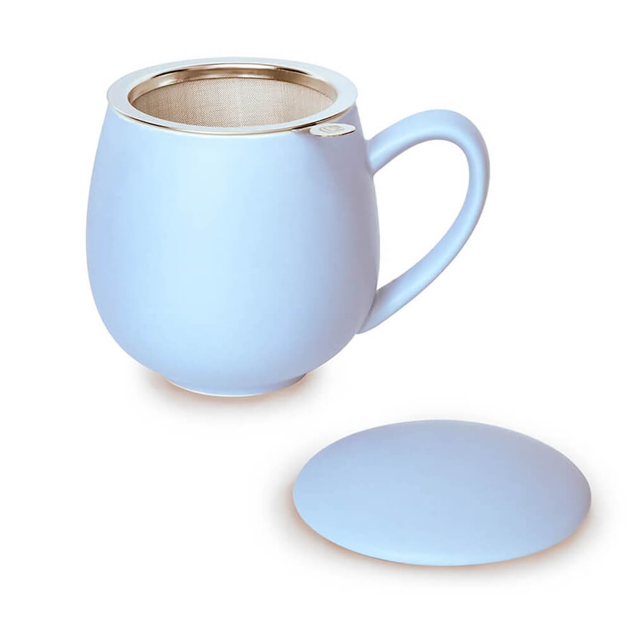 Kubek z zaparzaczem i pokrywką niebieski matowy - super zestaw do herbaty, naparu, perfekcyjny podarunek prezent dla mamy, taty, babci, dziadka