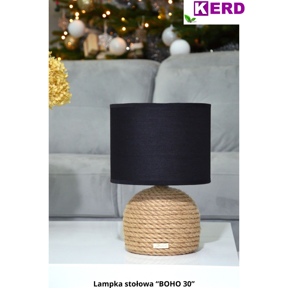 BOHO 30 Lampka stołowa h 30 cm Boho naturalny sznurek jutowy pleciony * styl etno skandi skandynawski* lampka nocna biurkowa * czarny abażur + juta