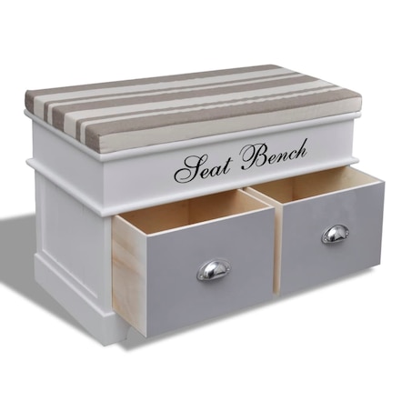 Ławka ze schowkiem i szarą poduszką, 2 szuflady, biała