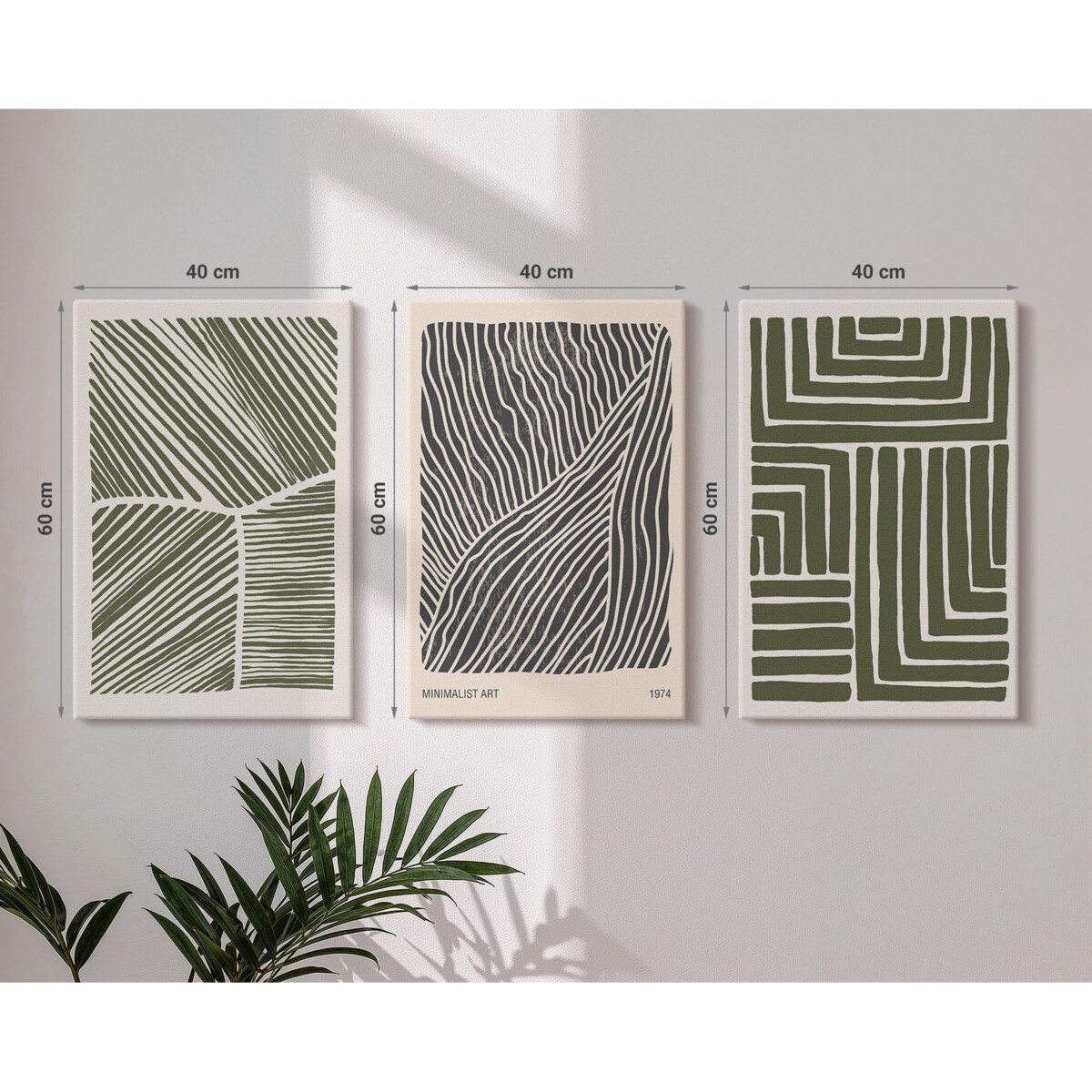 Zestaw 3 dużych obrazów na płótnie - Wzory linii kształty zieleń boho - zielony