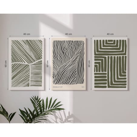 Zestaw 3 dużych obrazów na płótnie - Wzory linii kształty zieleń boho - zielony