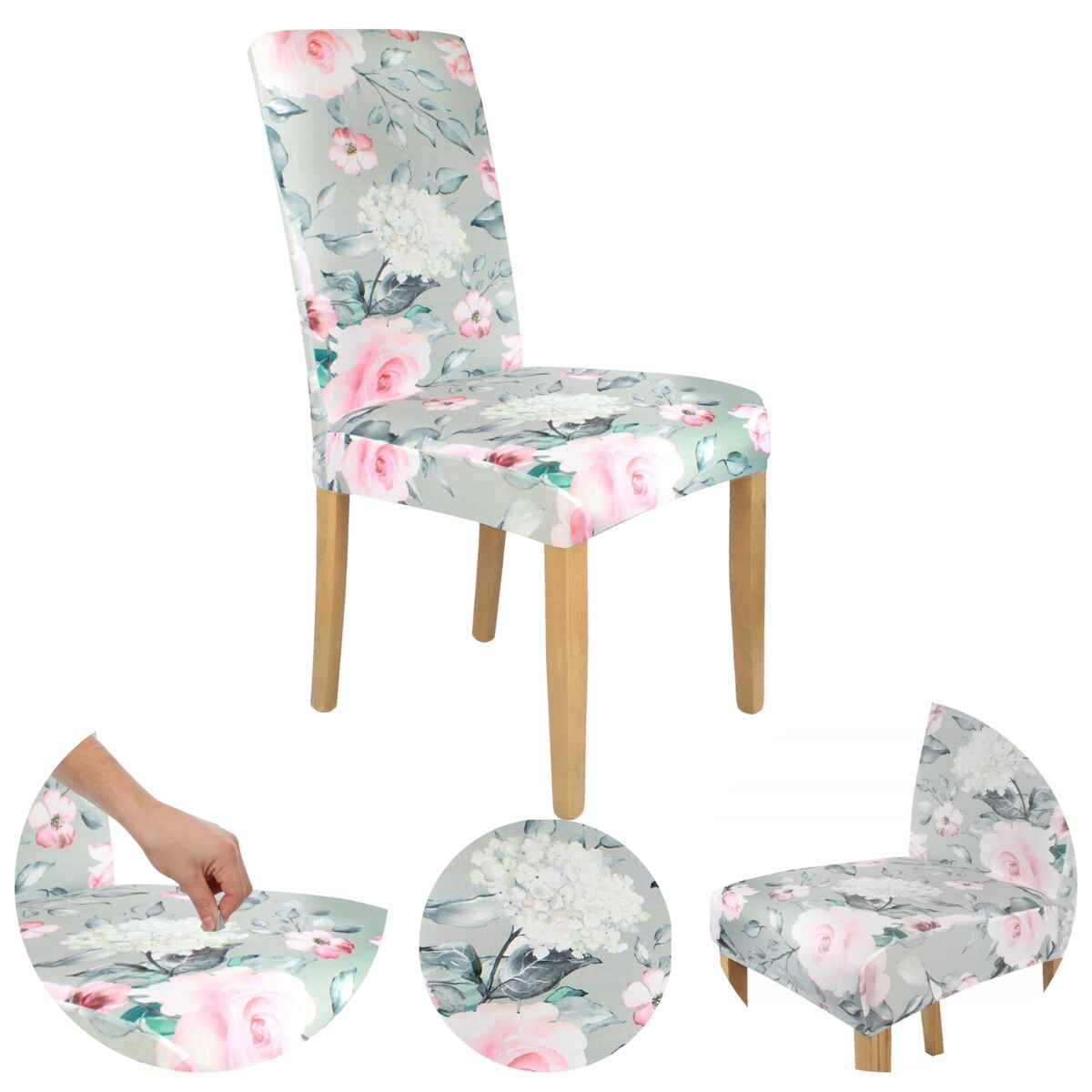POKROWIEC NA KRZESŁO SZARY KWIATY RÓŻE WZORY ELASTYCZNY [21CU]
