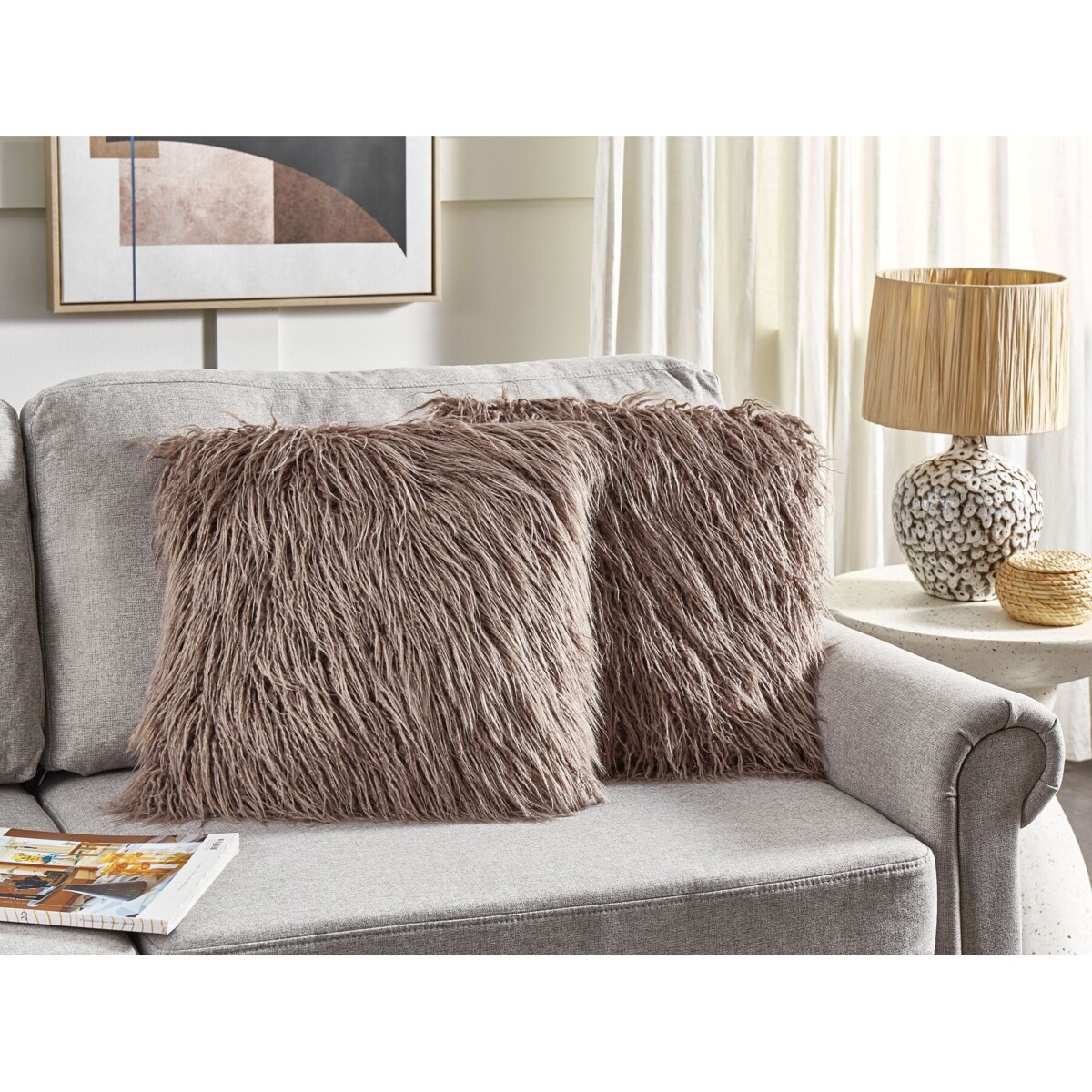 2 poduszki dekoracyjne włochacze 45 x 45 cm beżowe COROKIA