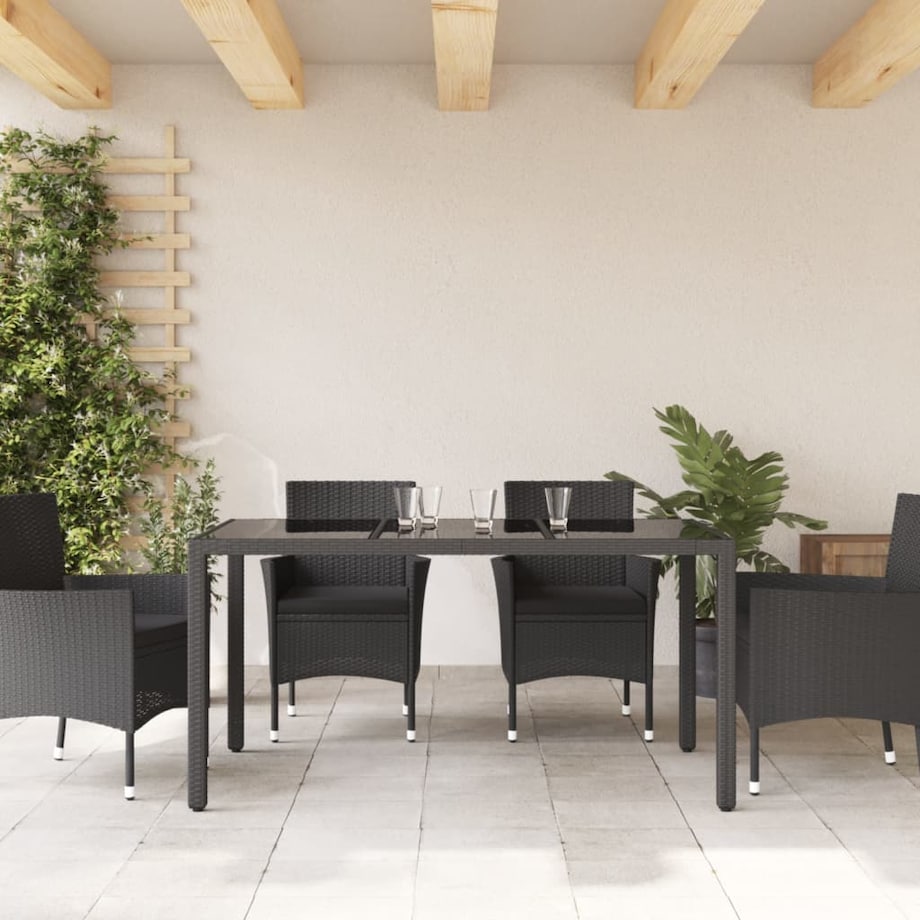 vidaXL Stół ogrodowy ze szklanym blatem, czarny, 150x90x75cm rattan PE