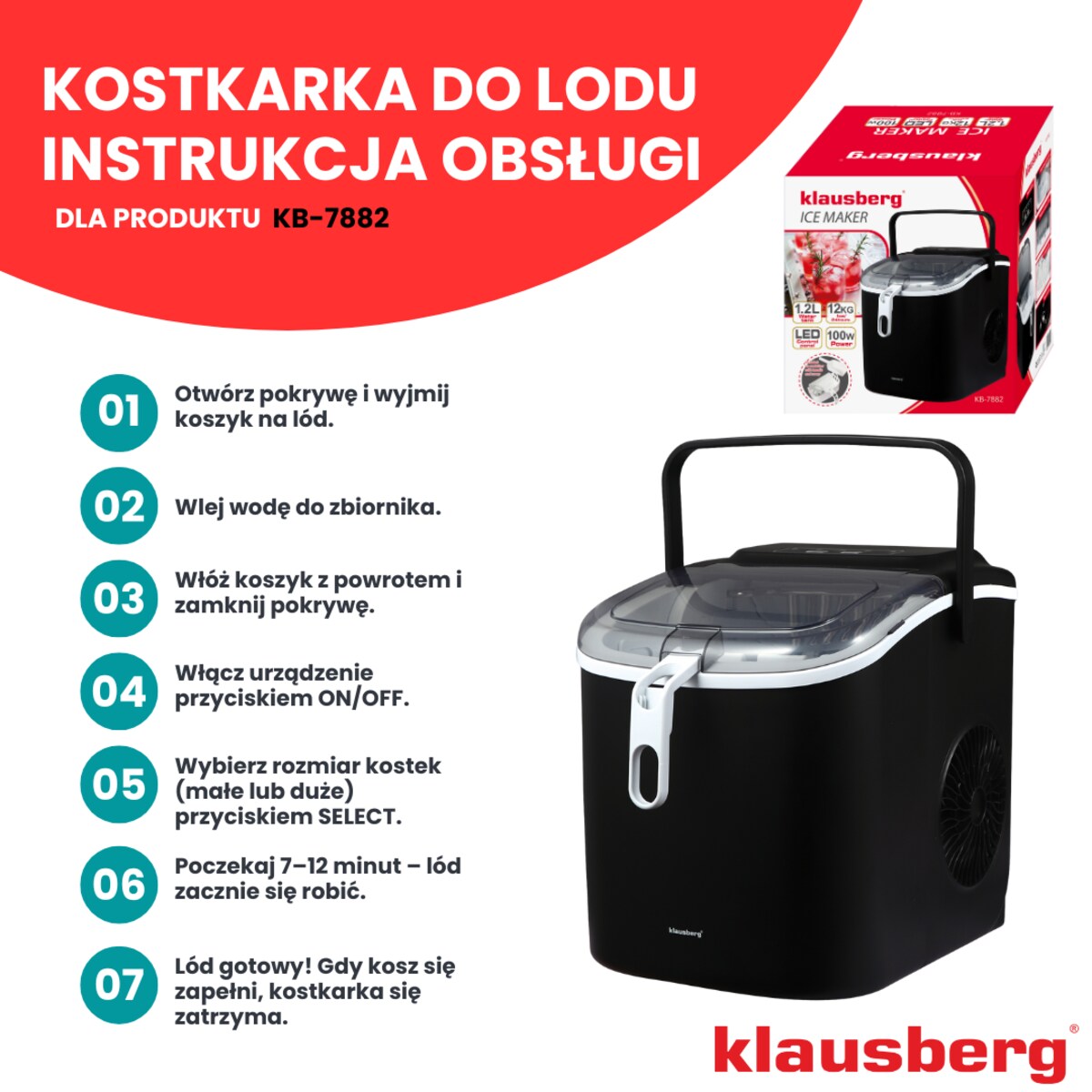Kostkarka do lodu automatyczna 1.2L 0.6kg 100W LED KLAUSBERG