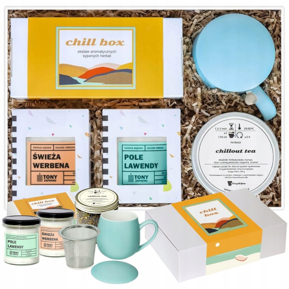 Zestaw prezentowy BIG CHILL BOX z herbatą kubkiem z zaparzaczem i świecami