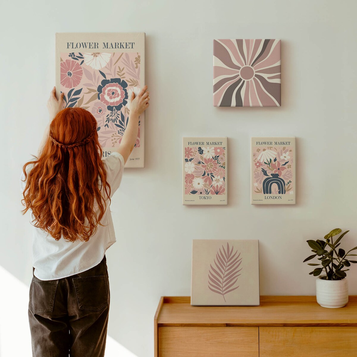 Zestaw 5 obrazów na płótnie - Kwiatowe rynki styl boho - różowy