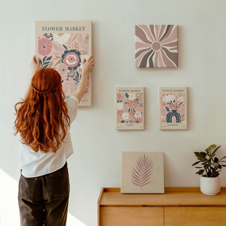 Zestaw 5 obrazów na płótnie - Kwiatowe rynki styl boho - różowy