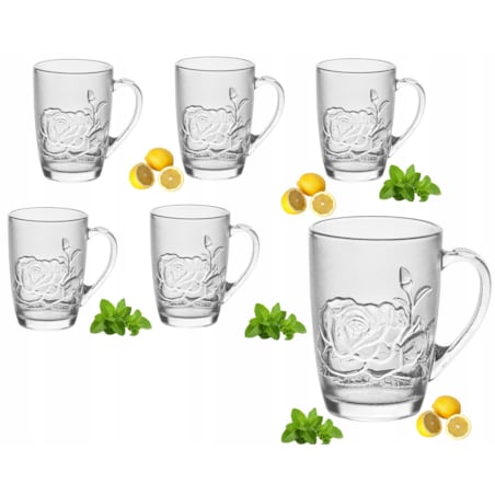 SZKLANKI KUBEK 6szt NA KAWE LATTE HERABTĘ ZIOŁA 415 ml prezent w RÓŻA dekor