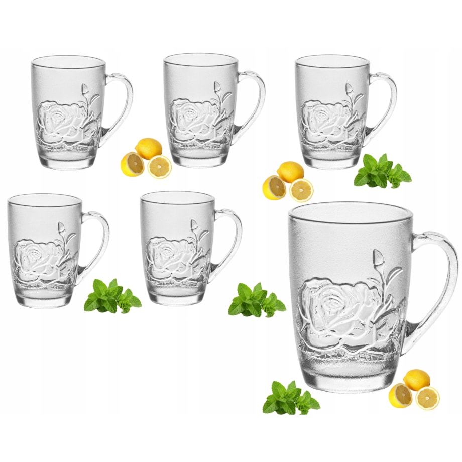 SZKLANKI KUBEK 6szt NA KAWE LATTE HERABTĘ ZIOŁA 415 ml prezent w RÓŻA dekor