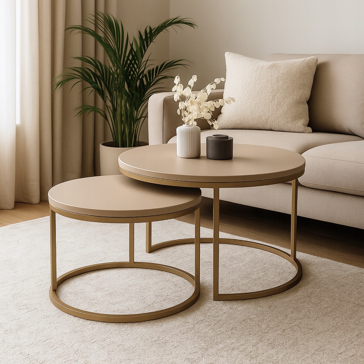 Stolik Kawowy KASZMIR LOFT GOLD 2w1 Okrągły Zestaw JAPANDI BOHO Salon Złoty