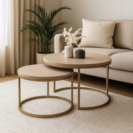 Stolik Kawowy KASZMIR LOFT GOLD 2w1 Okrągły Zestaw JAPANDI BOHO Salon Złoty