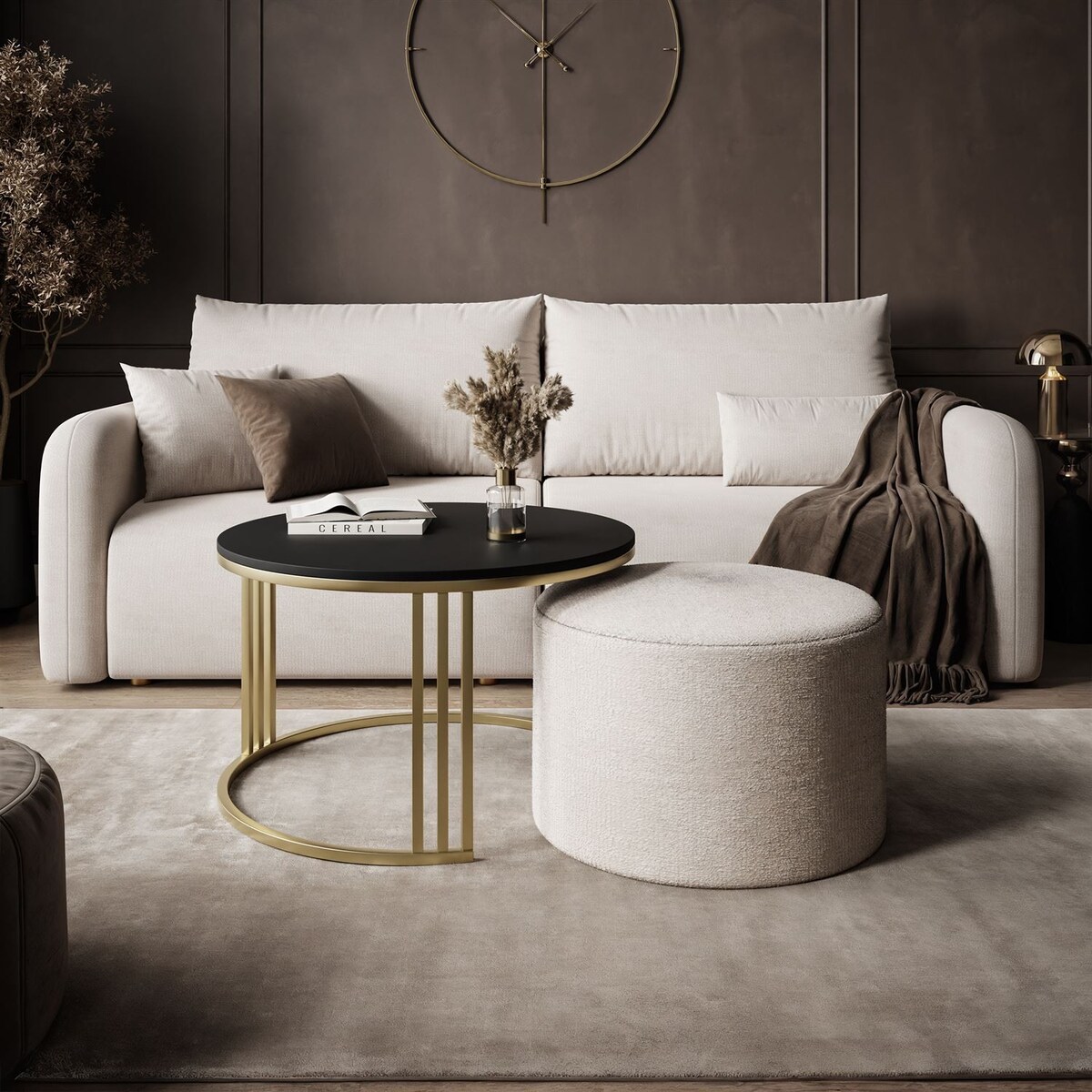 Stolik kawowy z pufą LORI MAT złoto szczotkowane, czarny mat / Perfect Harmony 01