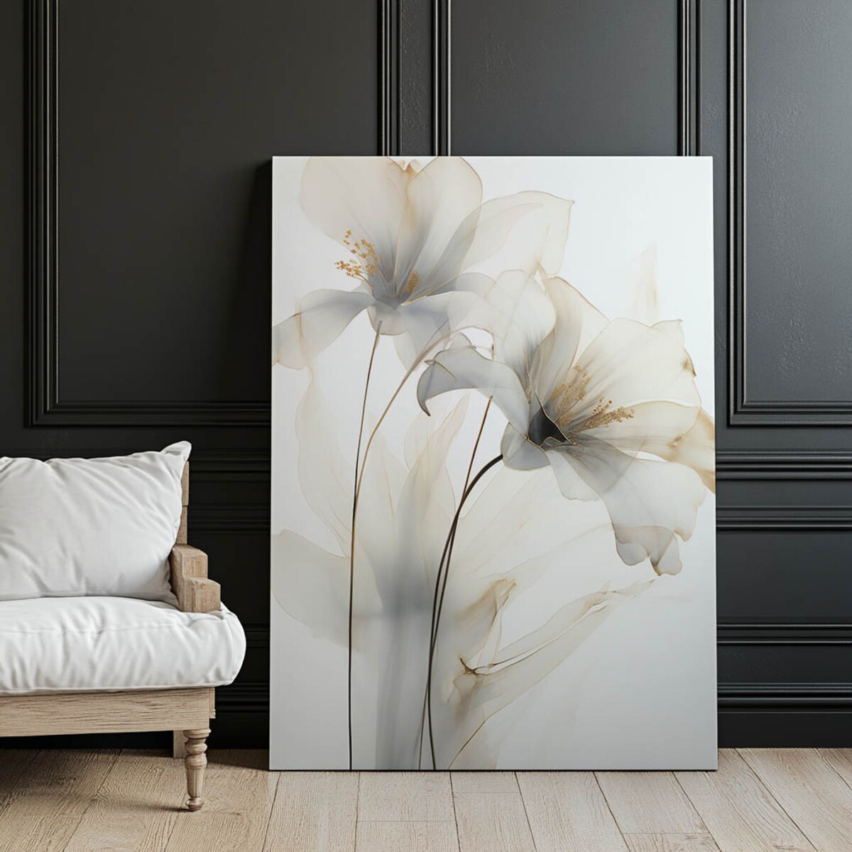 Białe Lilie ze Złotym Blaskiem, 50x70 cm, bez ramy, płótno premium na blejtramie