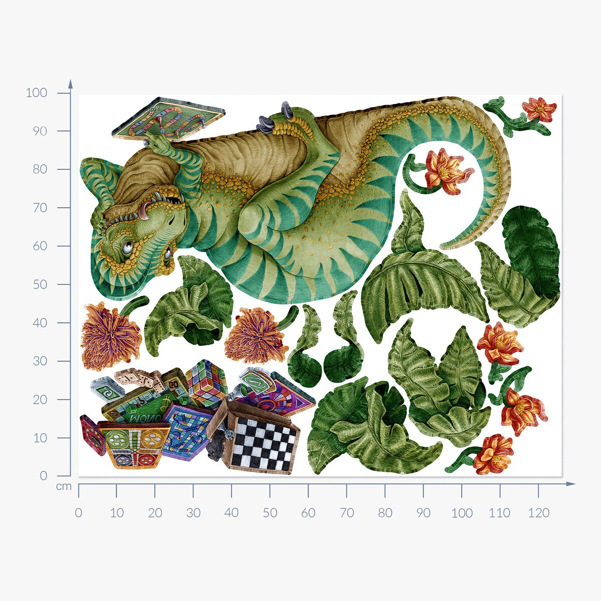 Zestaw naklejek na ścianę, Dinozaur z planszówką, 100cm