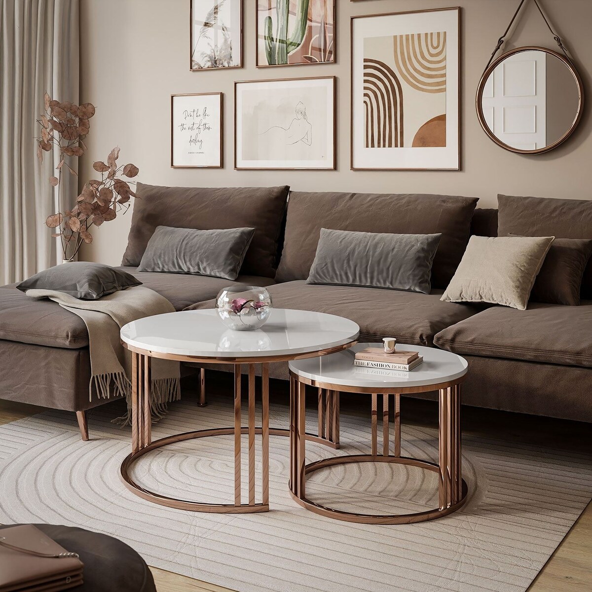 Stolik kawowy LORI 2w1 miedź biały połysk