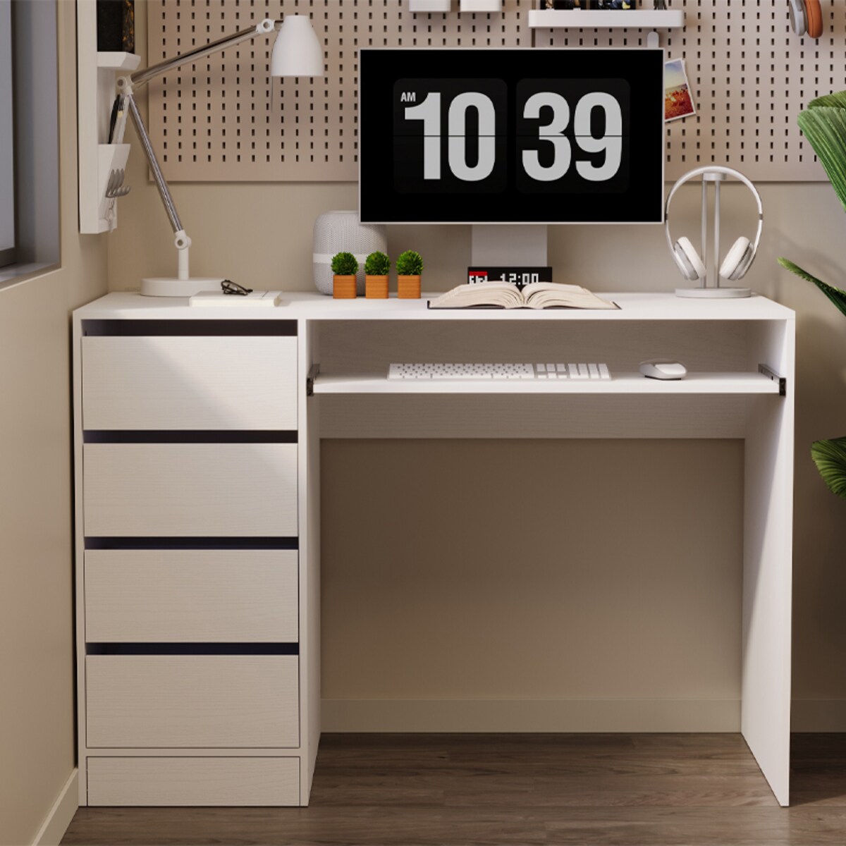 BIURKO KOMPUTEROWE STOLIK BIAŁE MŁODZIEŻOWE NOWOCZESNE Z SZUFLADAMI I PÓŁKĄ