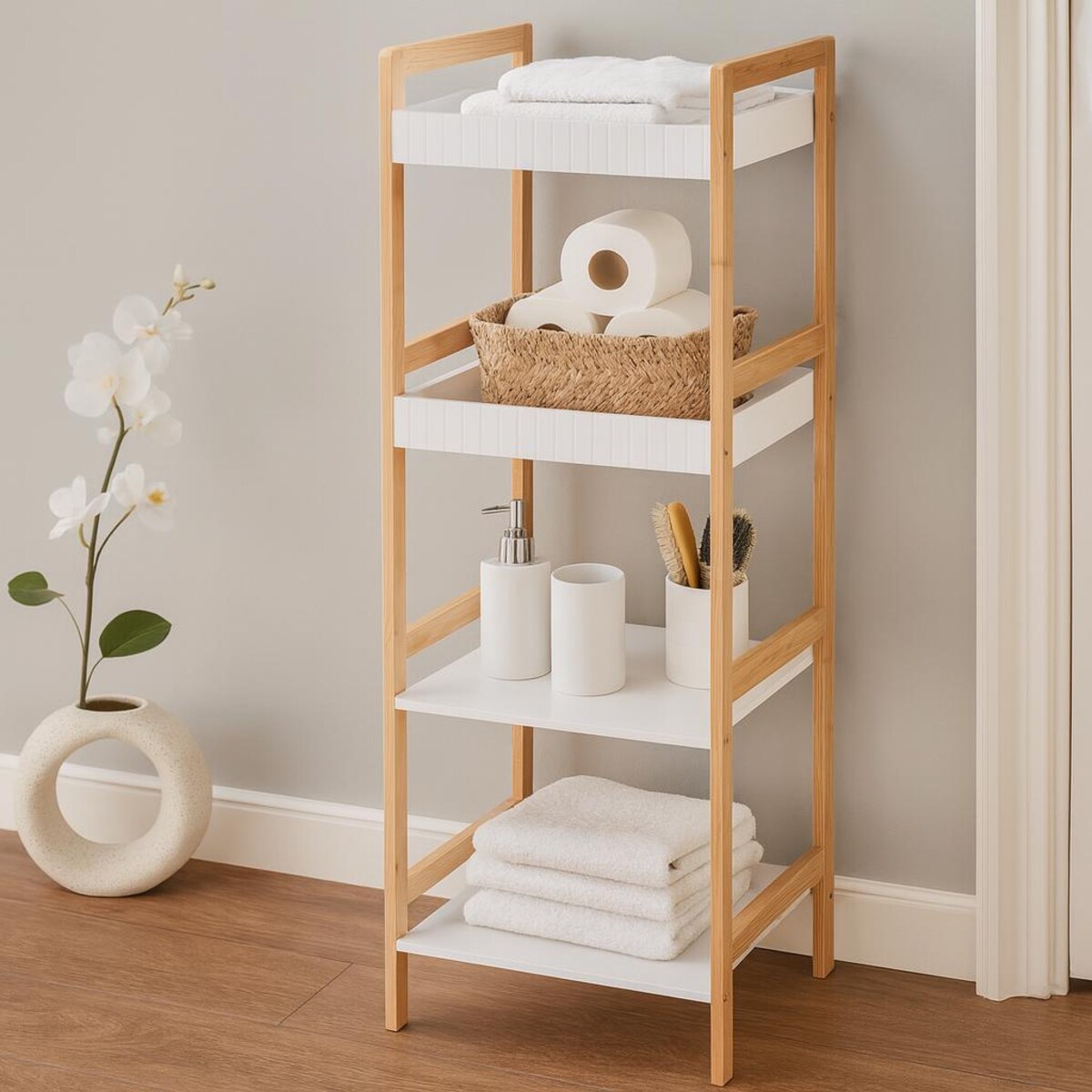 Słupek łazienkowy FORMA, bambusowy stelaż, 36 x 33 x 110 cm