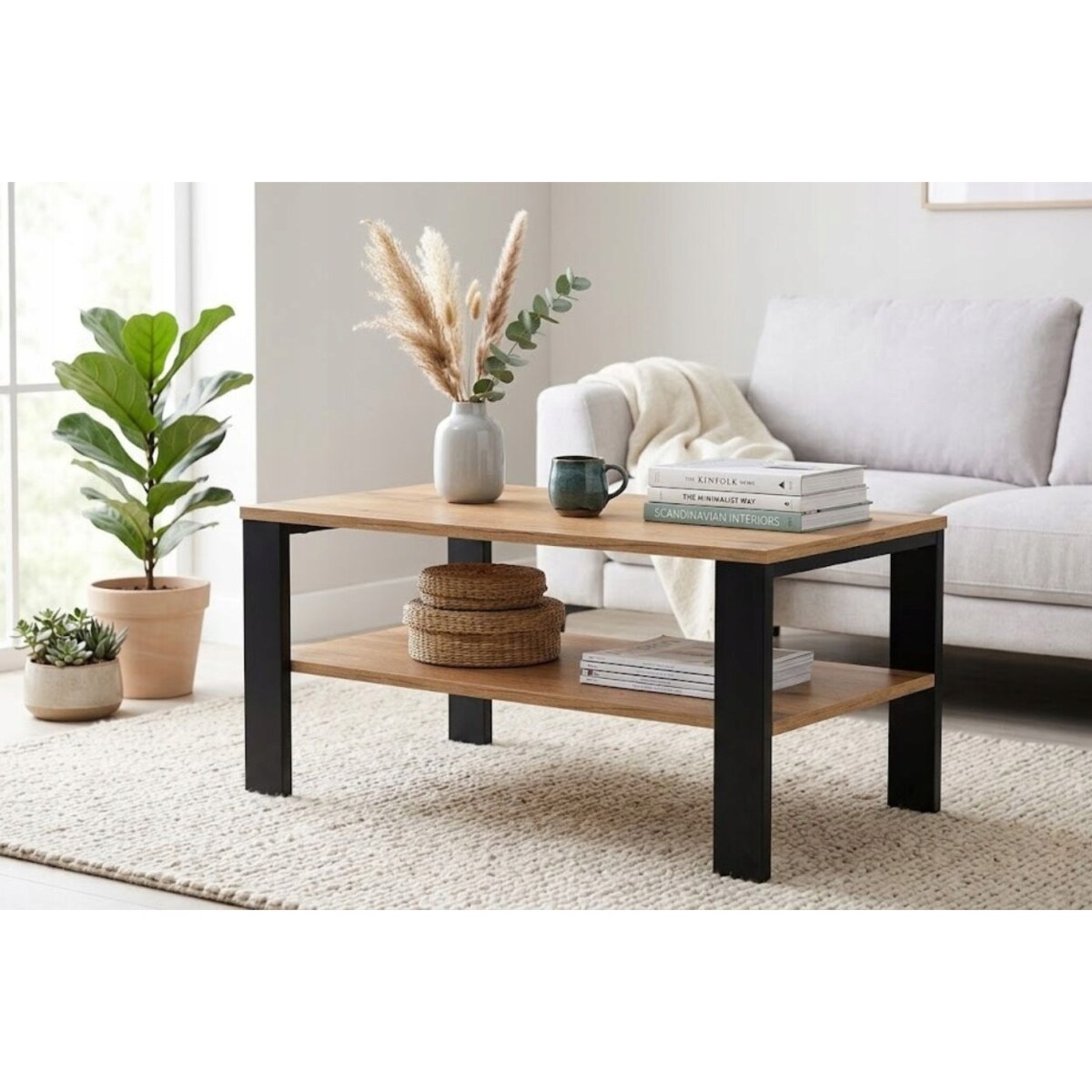 Stolik Kawowy Loft Dąb Evoke Czarny Stelaż 90X52Cm Ława Industrialna