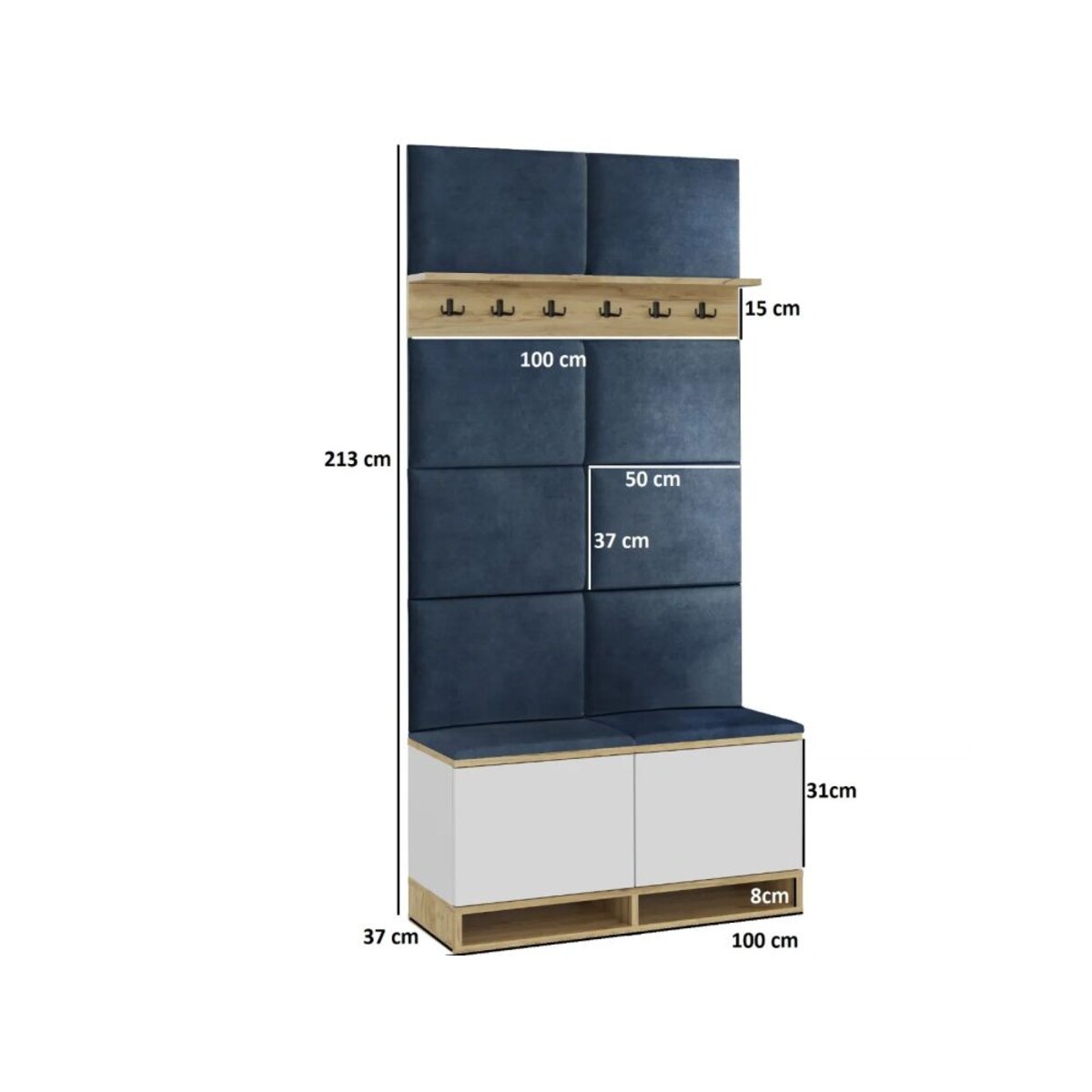 Szafka na buty z siedziskiem i wieszakiem DUBAI biała/dąb craft/granatowa