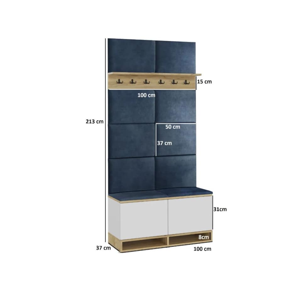 Szafka na buty z siedziskiem i wieszakiem DUBAI biała/dąb craft/granatowa