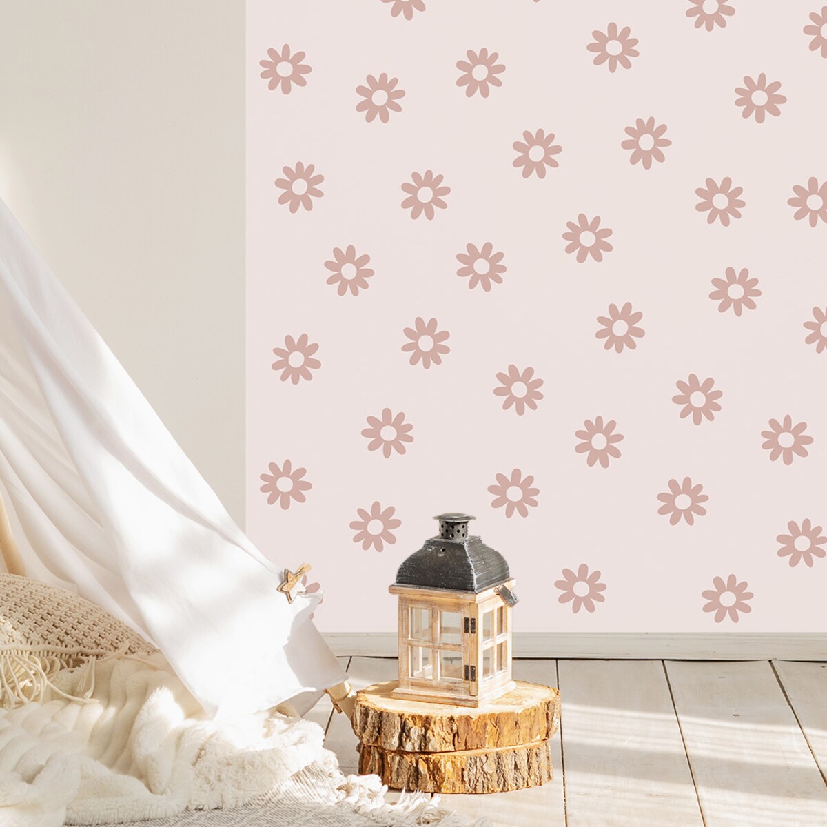 Naklejka na ścianę łuk różowy vintage - stokrotki XL