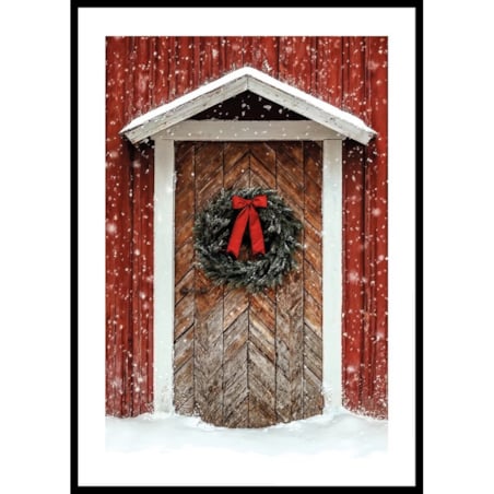 Poster Story, Plakat, Obraz - Zielony Wieniec na Tle Czerwonych Drzwi, wymiary 21 x 30 cm