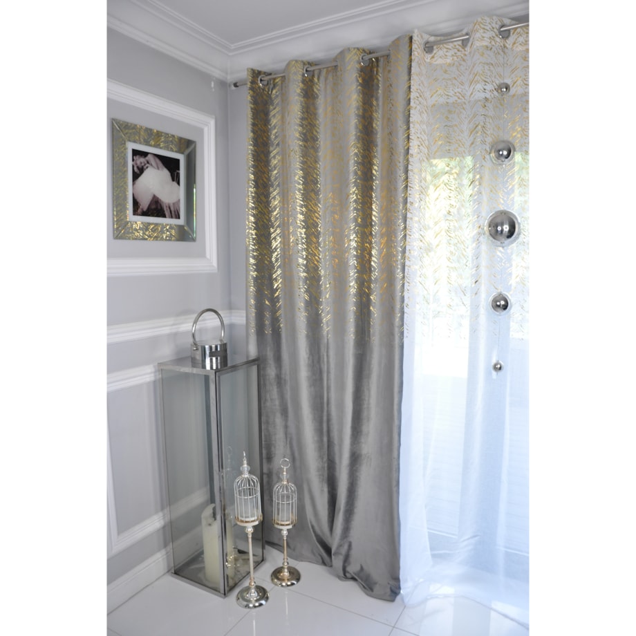 zasłona welurowa "velvet glow" złoty print 140x250 cm szary
