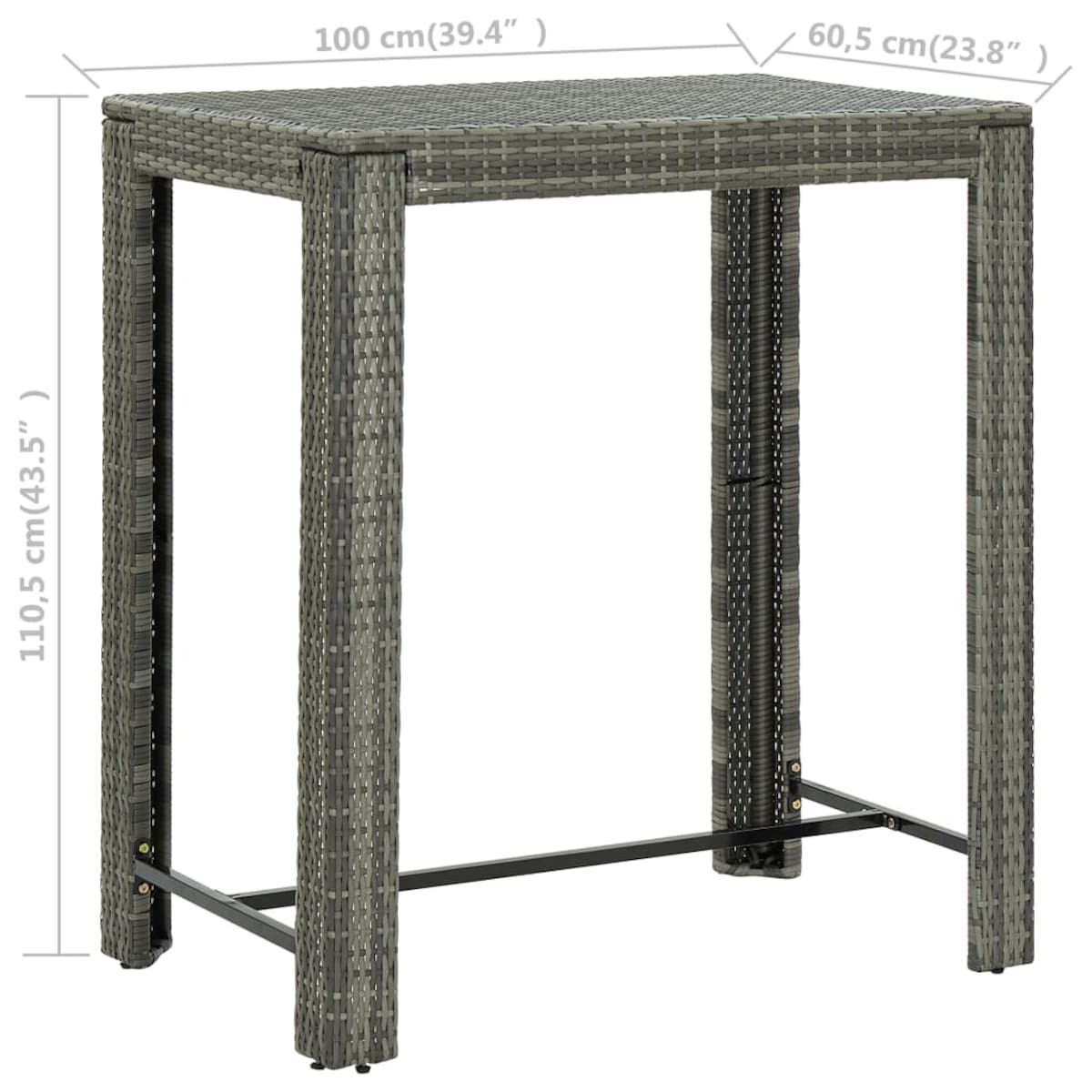 vidaXL Ogrodowy stolik barowy, szary, 100x60,5x110,5 cm, polirattan