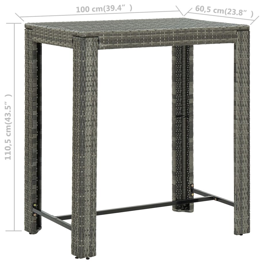 vidaXL Ogrodowy stolik barowy, szary, 100x60,5x110,5 cm, polirattan