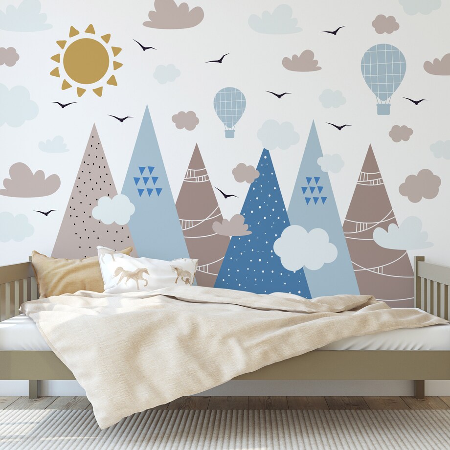 NAKLEJKI NA ŚCIANĘ DLA DZIECI GÓRY STYL BOHO BALONY PTAKI CHMURY ZESTAW