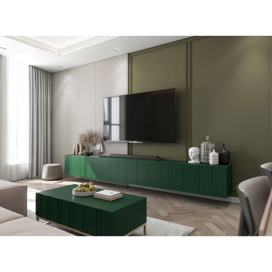 Wisząca Szafka RTV Glamour Nowoczesna Komoda RTV Butelkowa Zieleń 300 cm