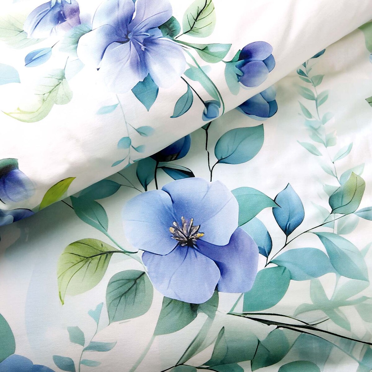 Pościel satyna bawełniana 160x200 Azurea biała w niebieskie kwiaty, Satynlove Premium