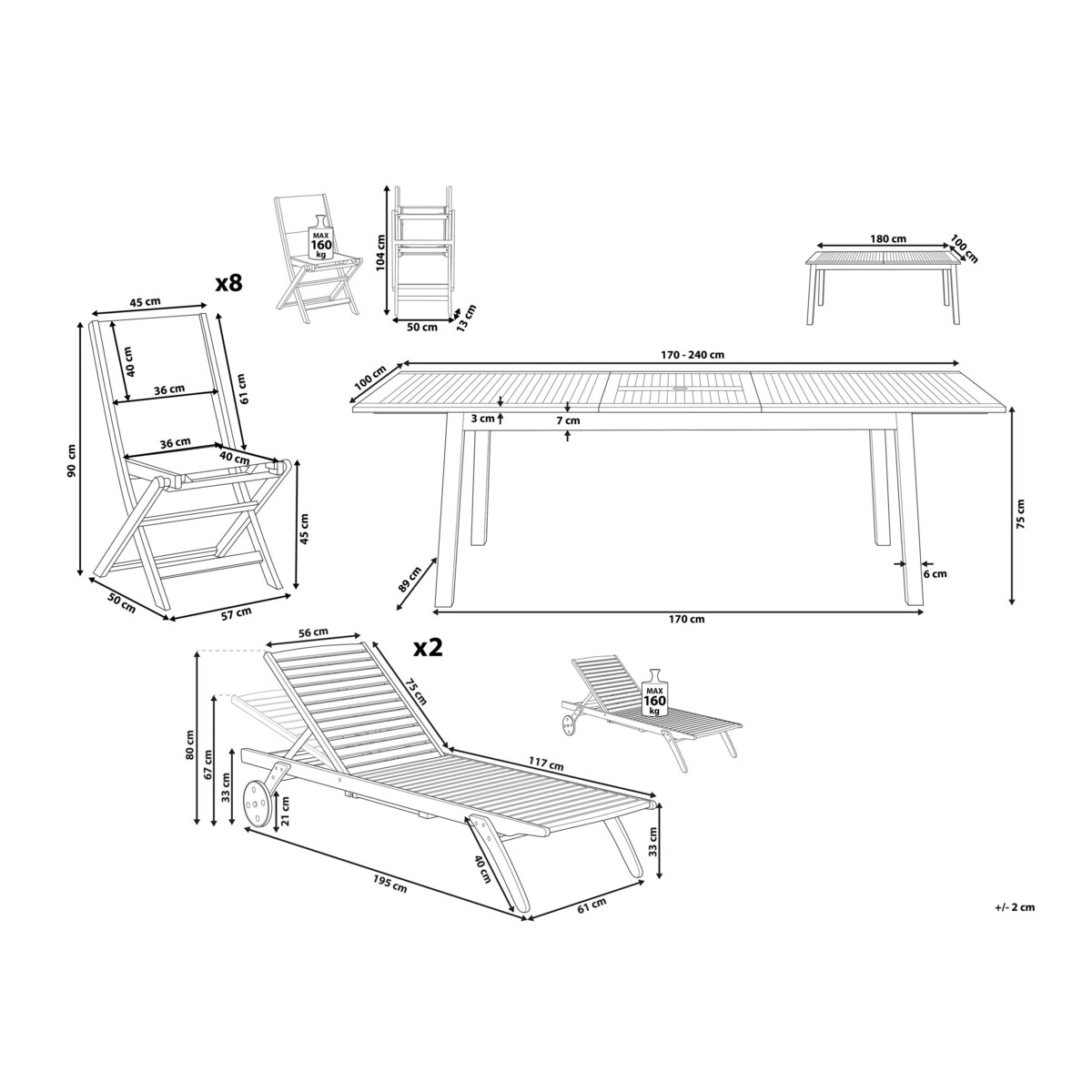 Zestaw ogrodowy drewniany stół 8 krzeseł i 2 leżaki szary CESANA
