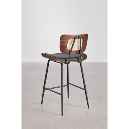 Krzesło barowe z drewna, rattanu i ekoskóry czarnej Raysa brązowe