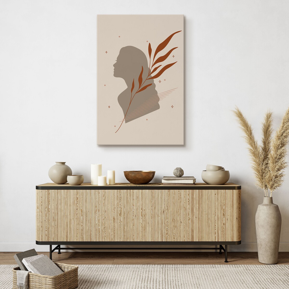 OBRAZ PORTRET KOBIETA MINIMLIZM STYL BOHO LIŚCIE NATURA 80x120cm