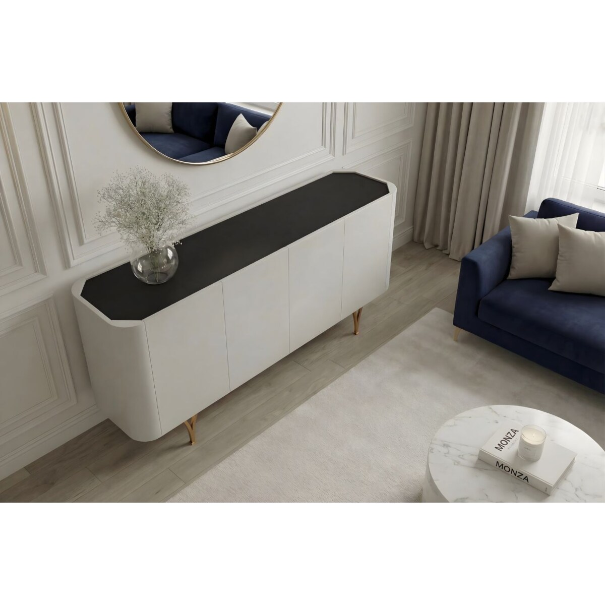 Nowoczesna szara komoda Dancan MONZA ze złotymi nóżkami / szer. 160 cm