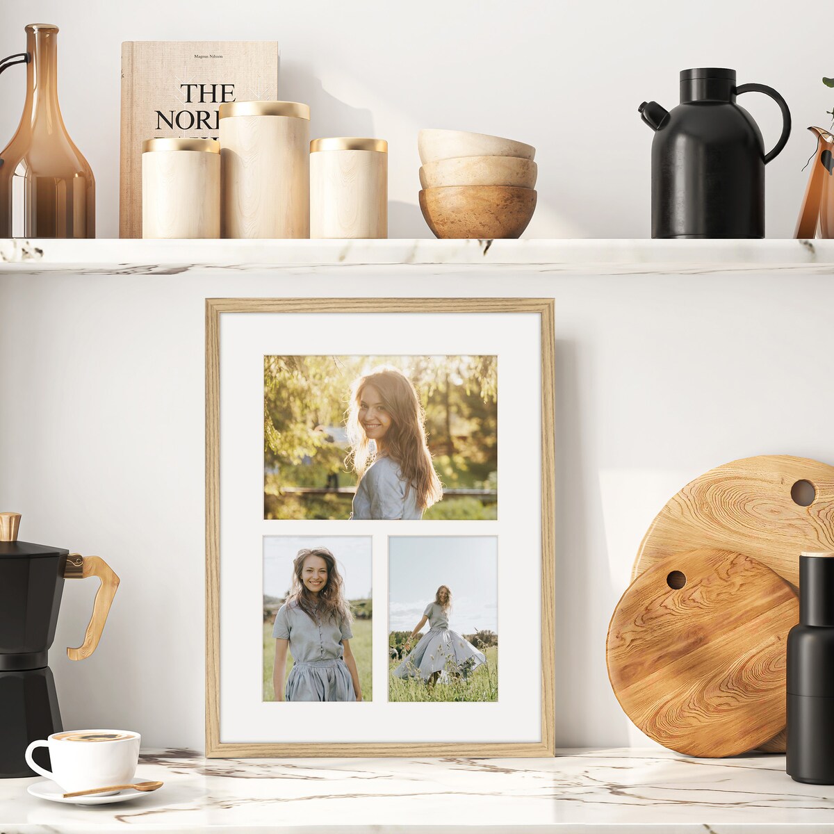 Ramka na 3 zdjęcia 2x 10x15 1x 15x21 dębowa foto galeria 30x40 cm FRAMAI