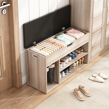 Szafka na buty z siedziskiem drewniana schowek 2 półki otwierana jasny dąb