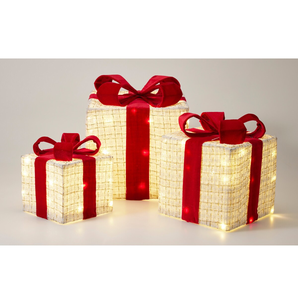 Zestaw 3 świecących pudełek prezentowych z tkaniny, 15, 20 i 25 cm, LED, na baterie, kolor biały